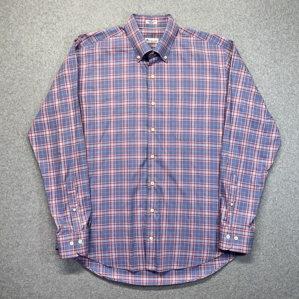 Peter Millar Crown Sport Button Down Shirt Men’s Large Magenta Blue Plaid